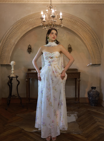 Dreamy A Line Sweetheart Neck Print Floral Chiffon Prom Dress Party Dress HZ1023
